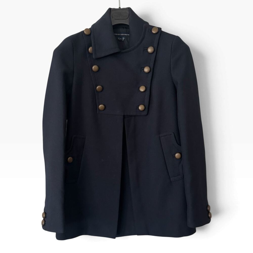 French Connection Women's 6 Navy Wool Blend Military Coat Brass Button Jacket